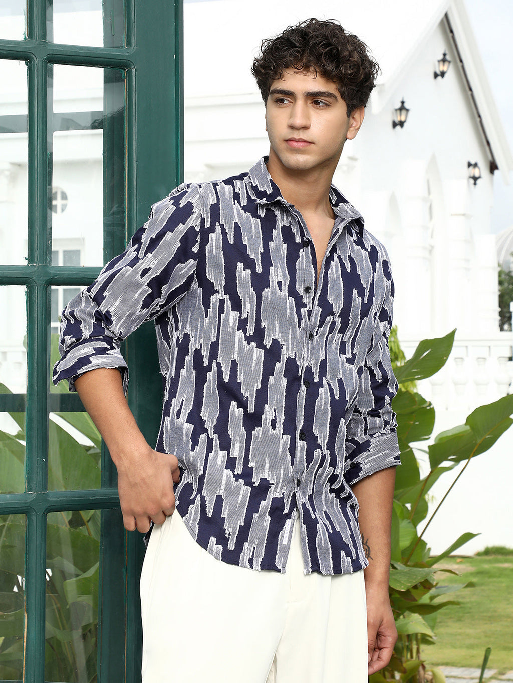 Campus Sutra Contrast-Abstract Jacquard Shirt