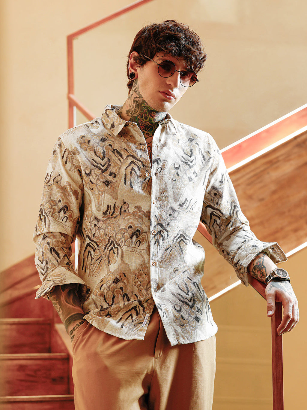 Campus Sutra Strokes-Imprint Brushed Shirt