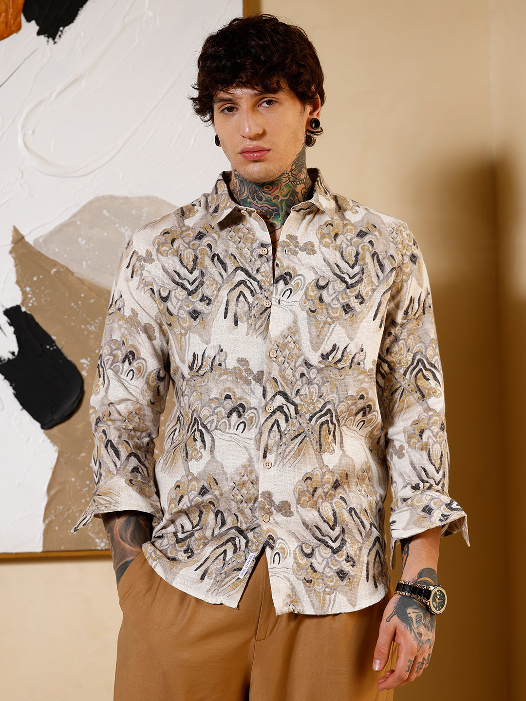 Campus Sutra Strokes-Imprint Brushed Shirt