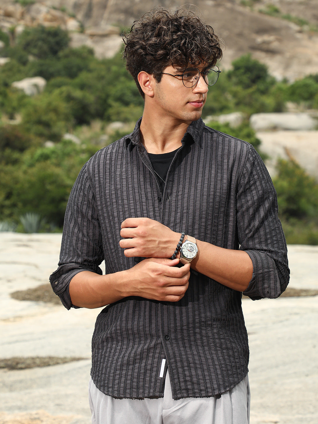 Campus Sutra Edgy-Stripe Jacquard Shirt