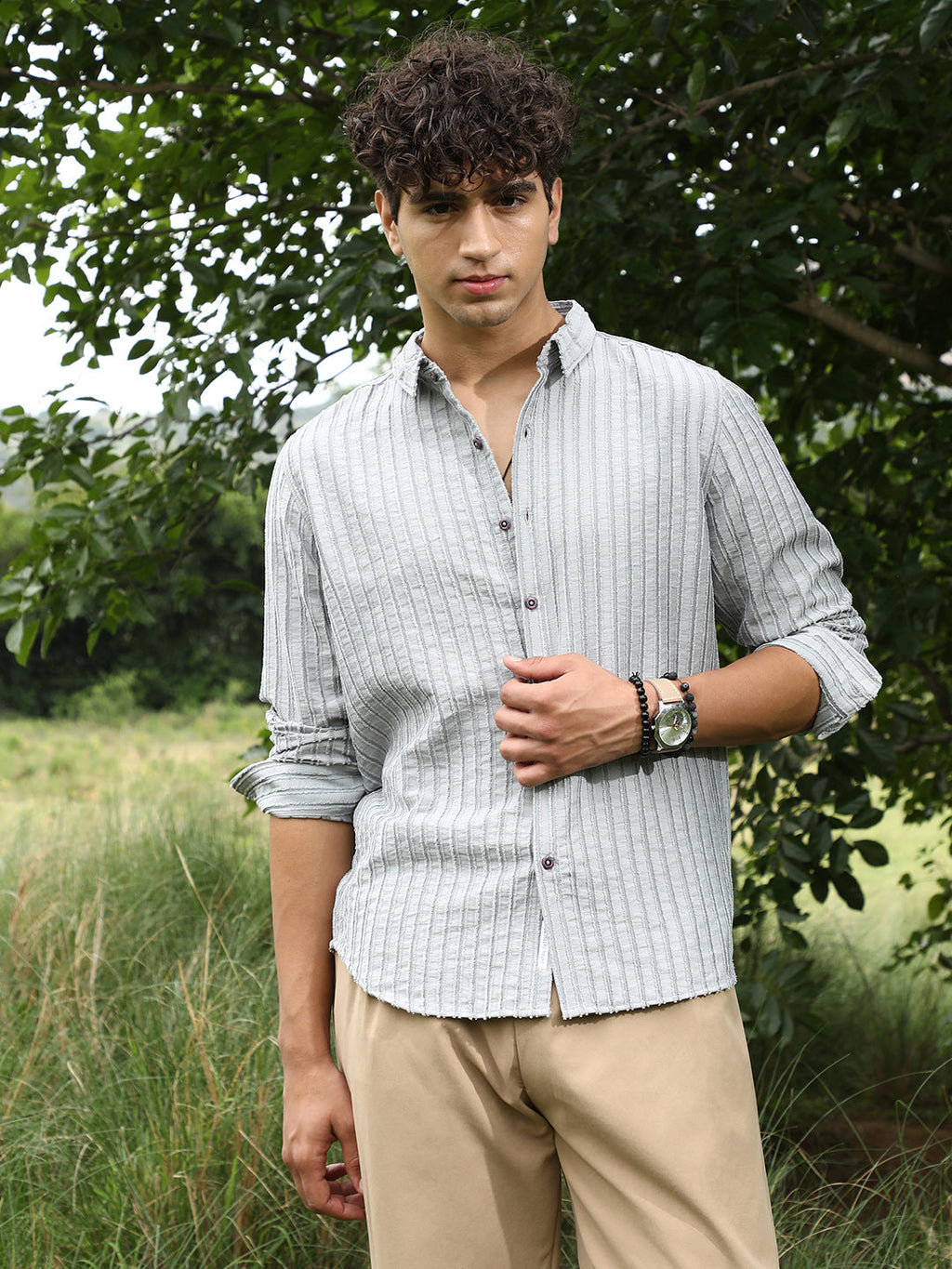 Campus Sutra Edgy-Stripe Jacquard Shirt