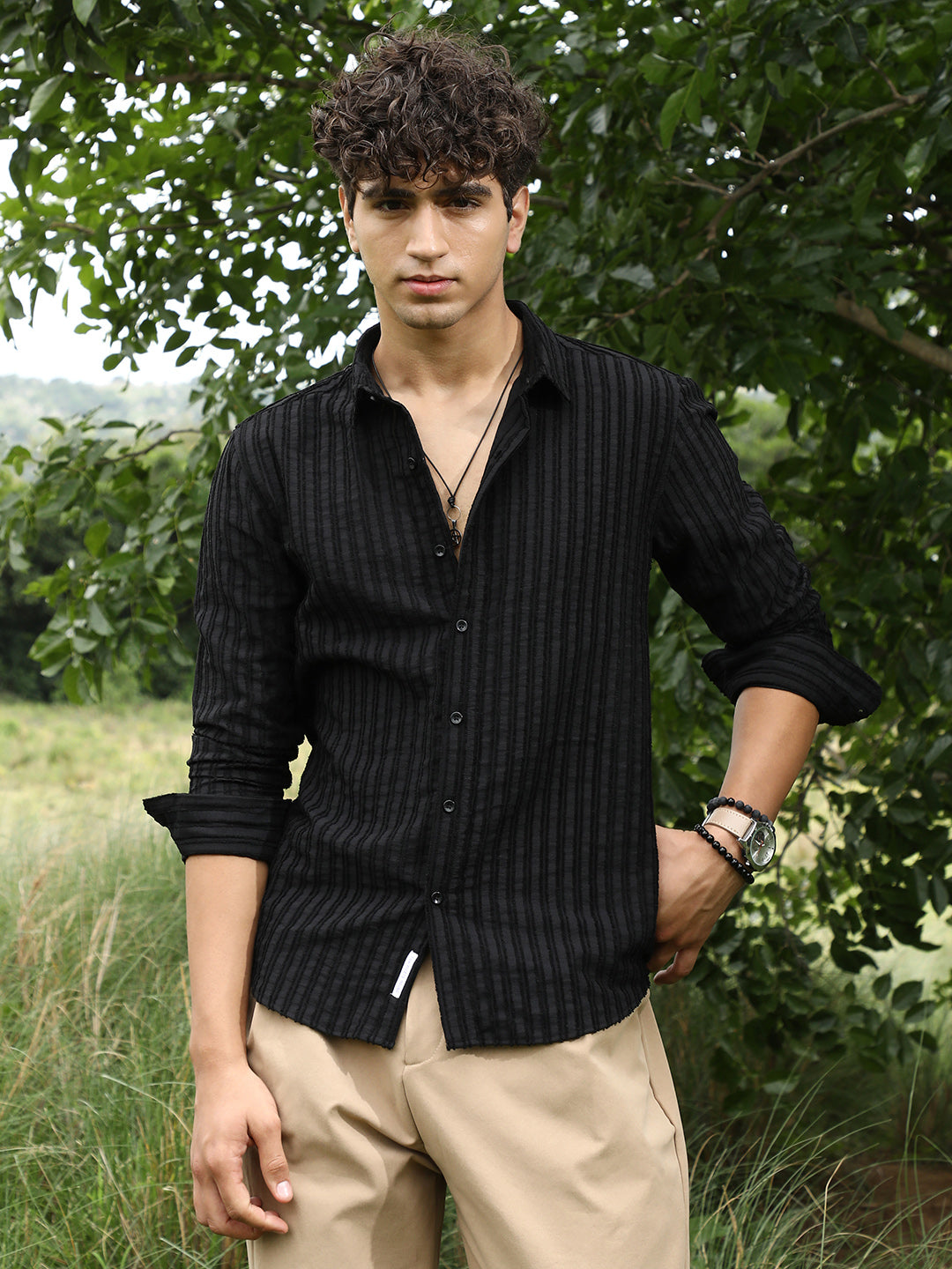 Campus Sutra Edgy-Stripe Jacquard Shirt