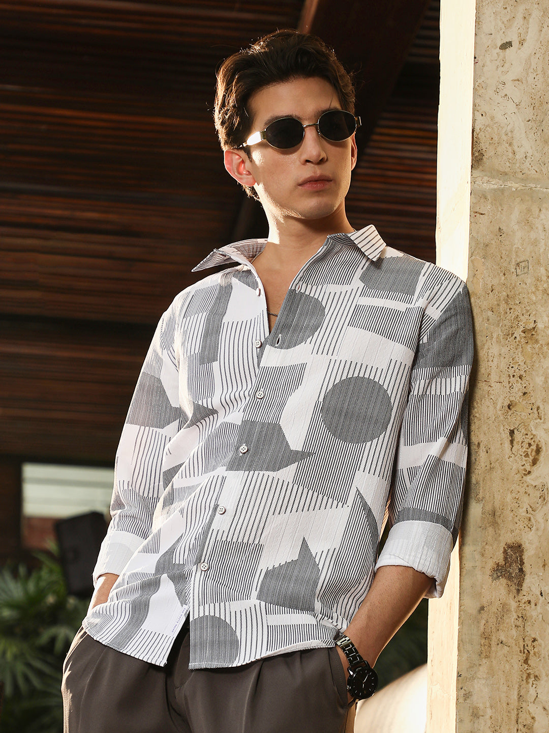 Campus Sutra Abstract-Geometric Imprint Shirt