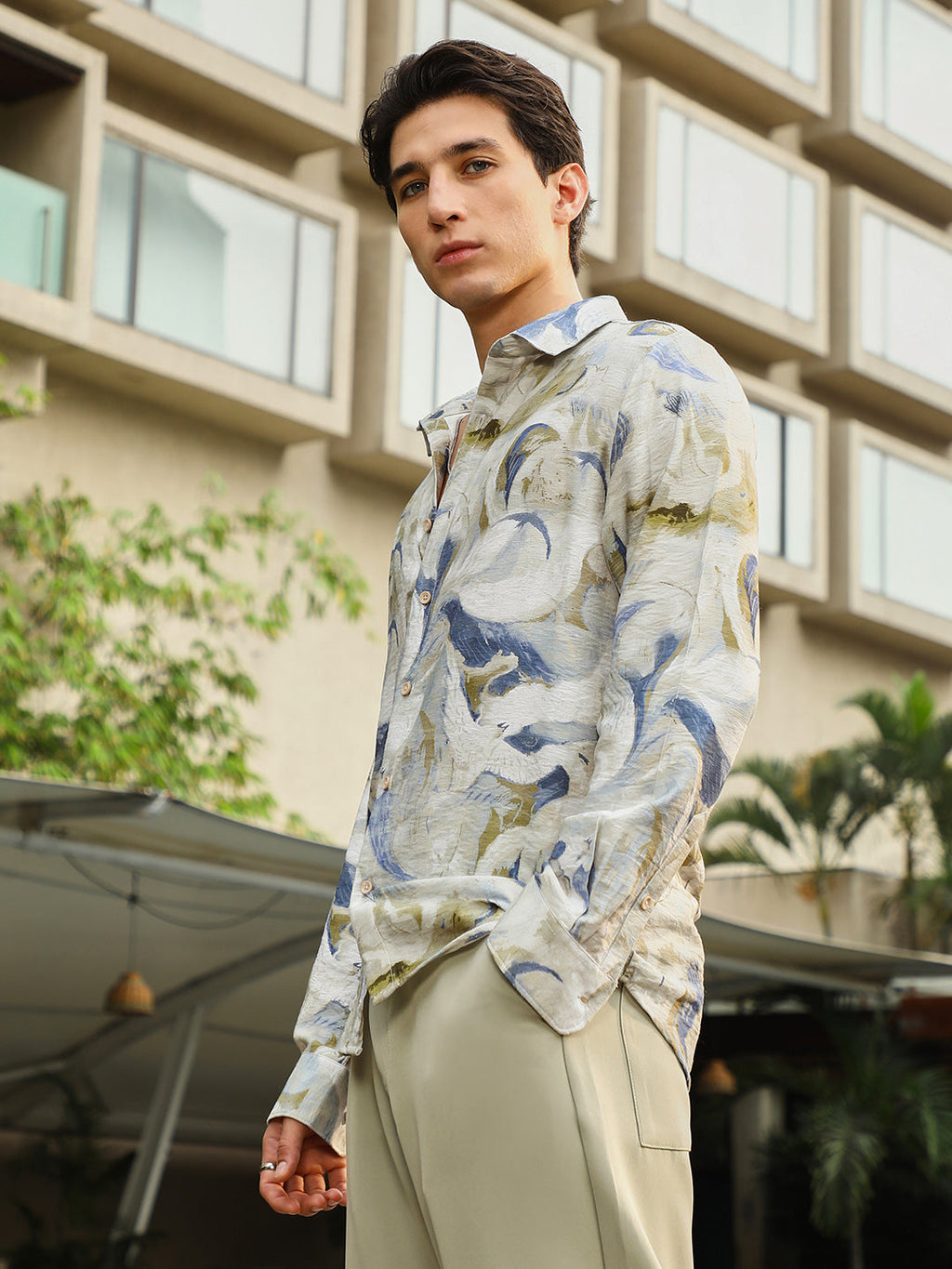 Campus Sutra Waterbrush-Imprint Dobby Shirt