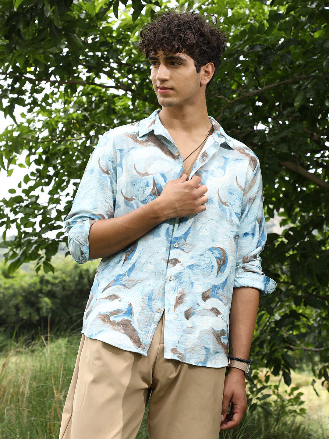 Campus Sutra Waterbrush-Imprint Dobby Shirt