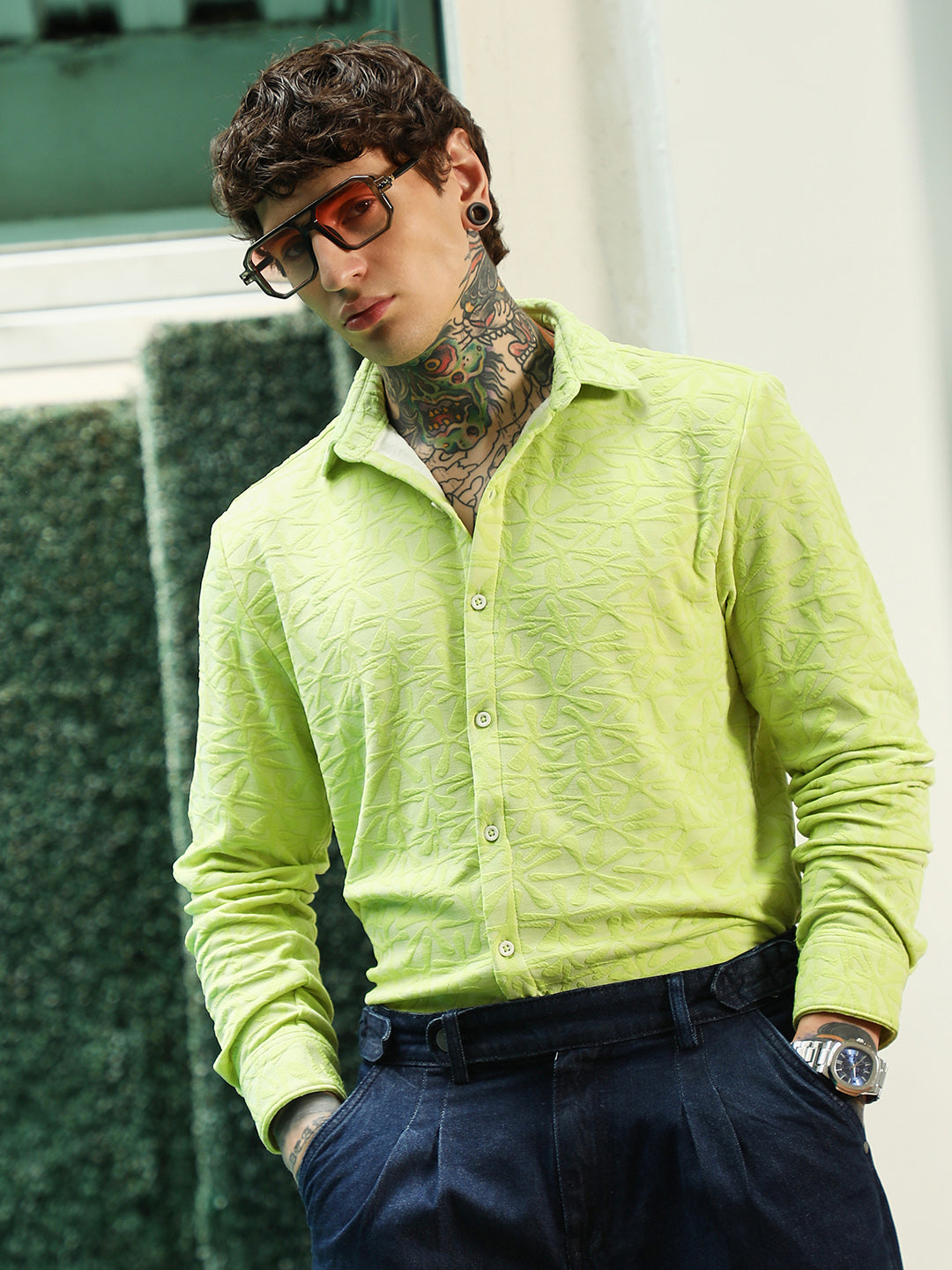 Campus Sutra Lime Green Textured Full Sleeve Shirt For Men