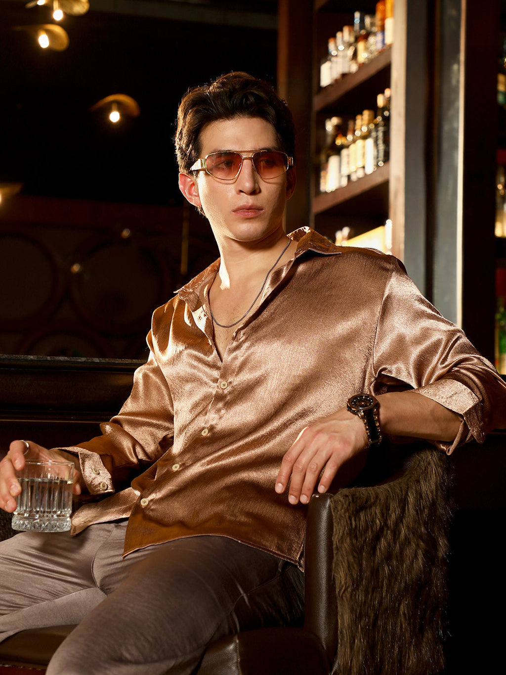 Campus Sutra Gleaming Crushed-Satin Shirt