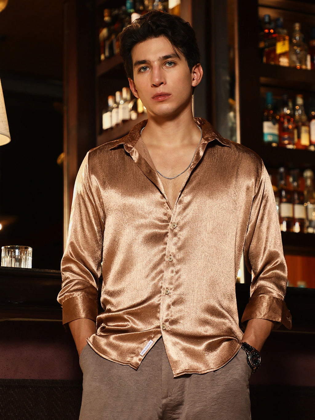 Campus Sutra Gleaming Crushed-Satin Shirt