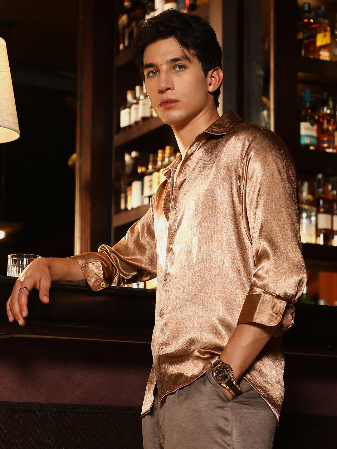 Campus Sutra Gleaming Crushed-Satin Shirt