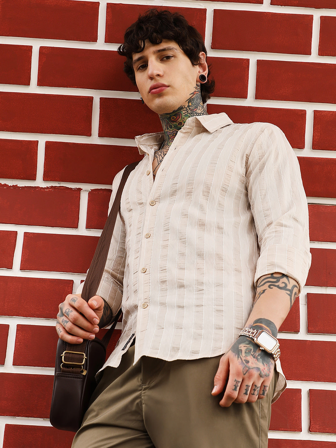 Campus Sutra Textured Candy-Striped Shirt
