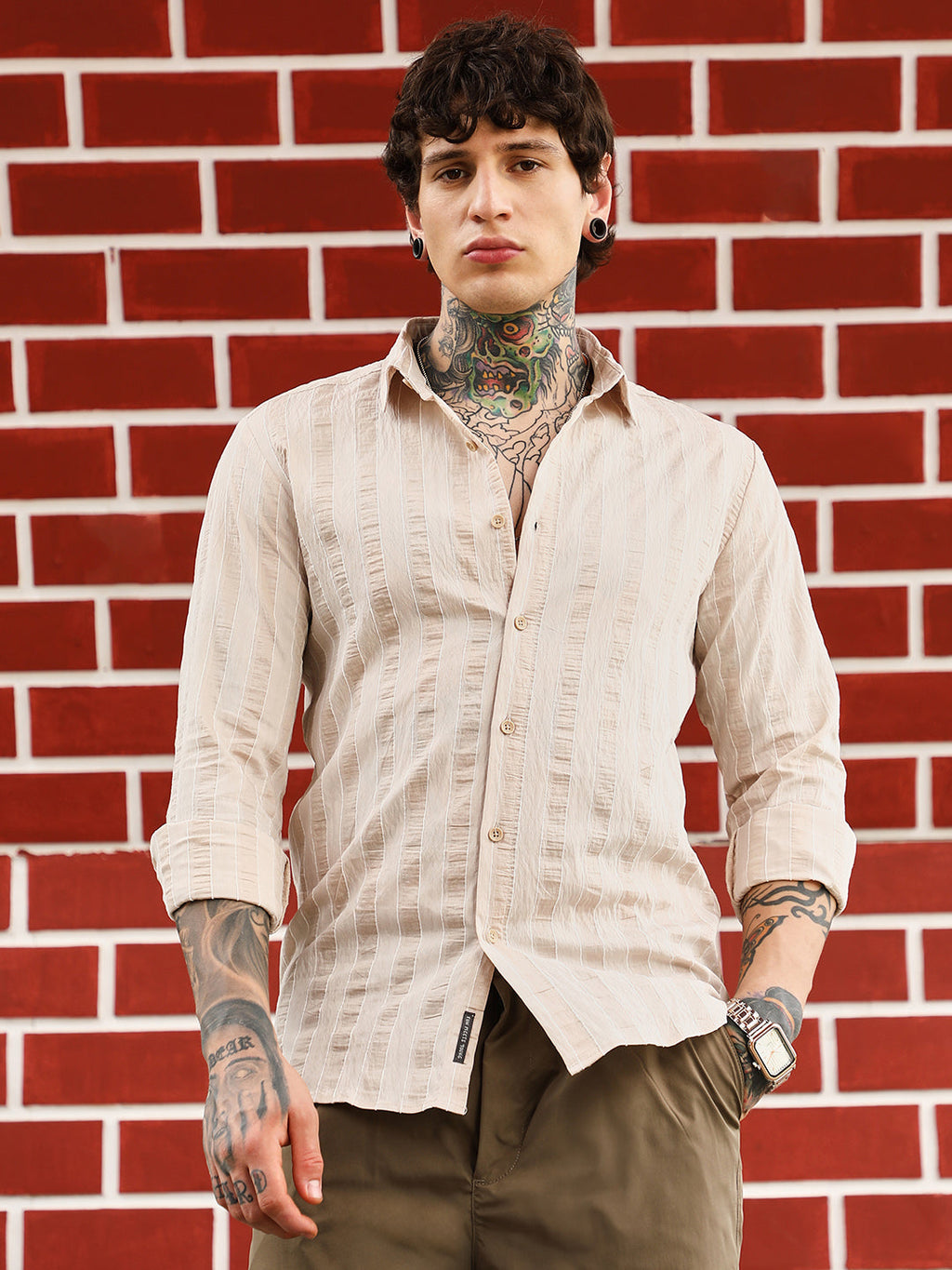 Campus Sutra Textured Candy-Striped Shirt