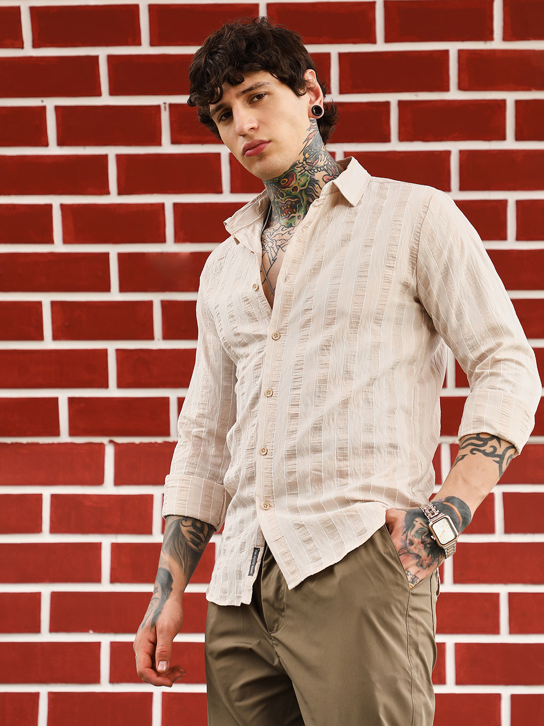 Campus Sutra Textured Candy-Striped Shirt