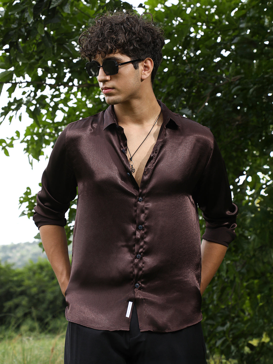 Campus Sutra Gleaming Crushed-Satin Shirt