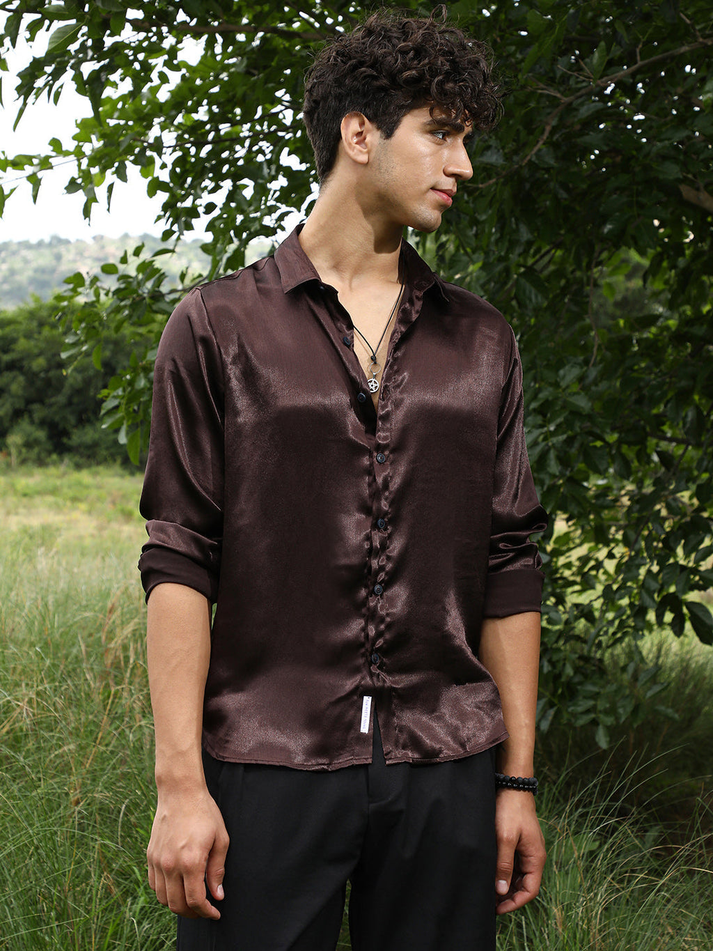 Campus Sutra Gleaming Crushed-Satin Shirt
