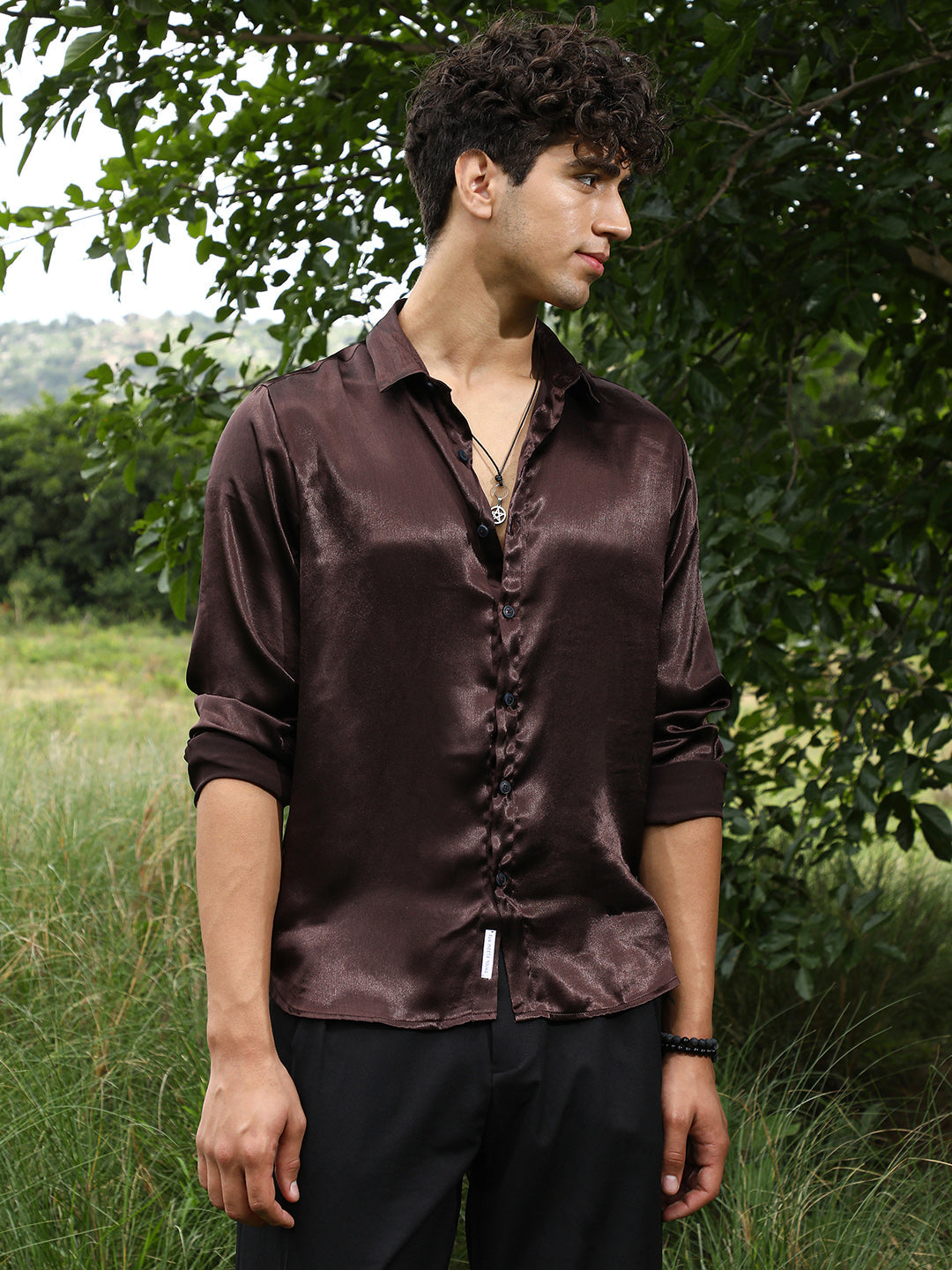 Campus Sutra Gleaming Crushed-Satin Shirt