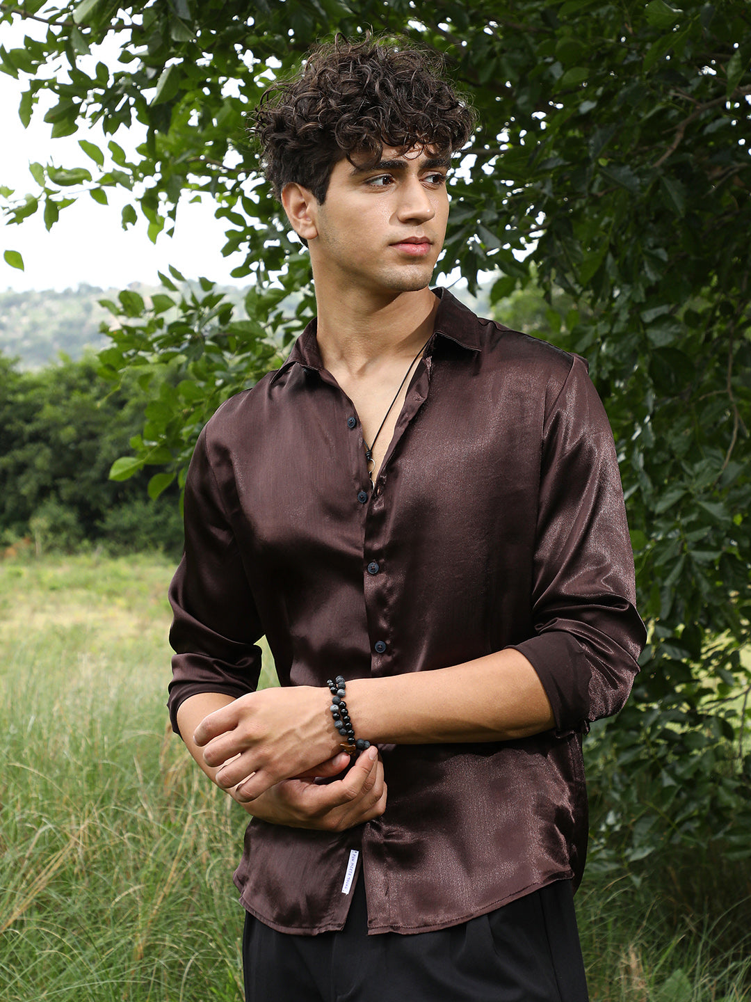Campus Sutra Gleaming Crushed-Satin Shirt