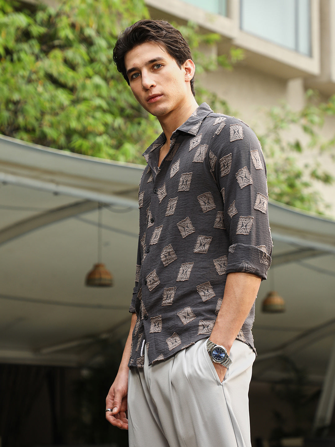 Campus Sutra Folk-Block Jacquard Shirt