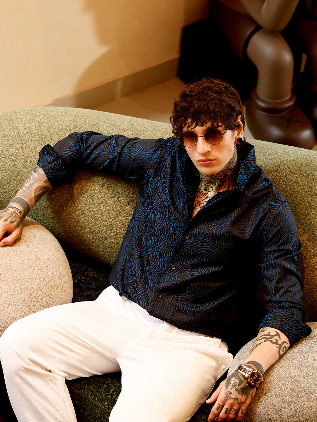 Campus Sutra Contrast-Streaks Jacquard Shirt