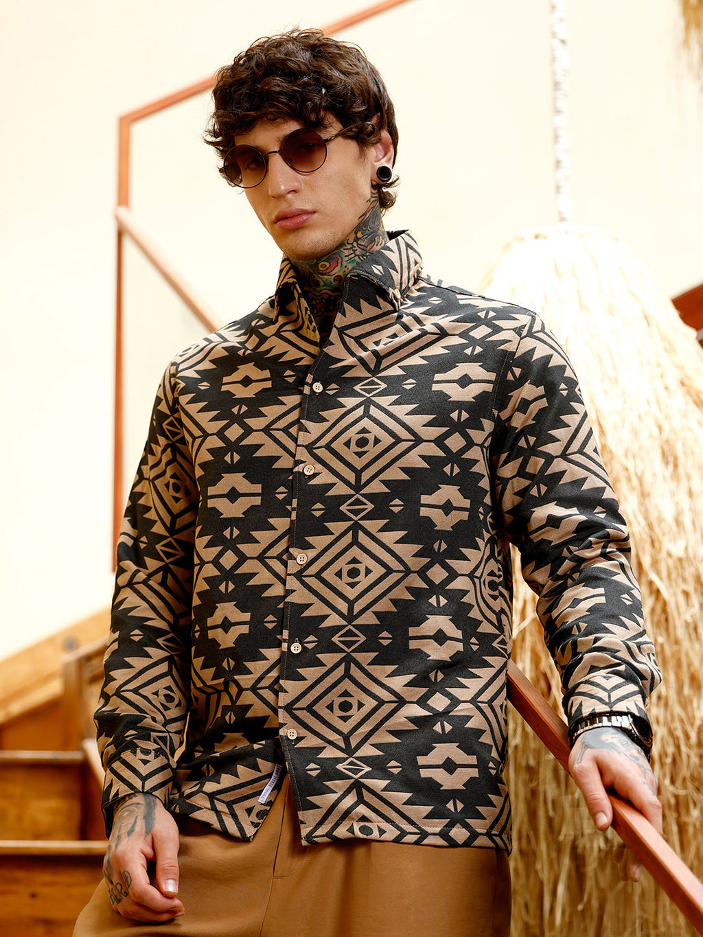 Campus Sutra Contrast Aztec-Block Jacquard Shirt