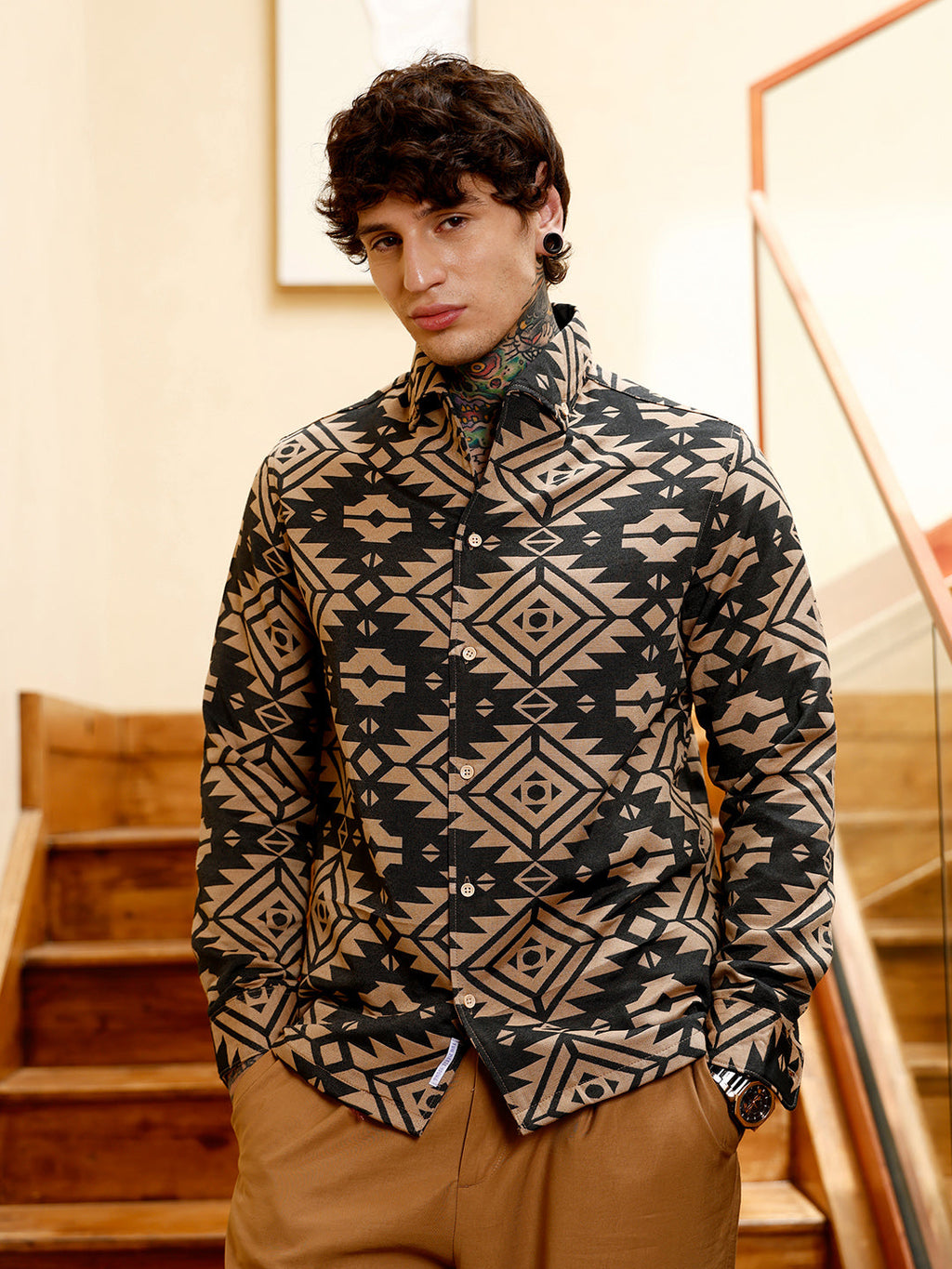 Campus Sutra Contrast Aztec-Block Jacquard Shirt
