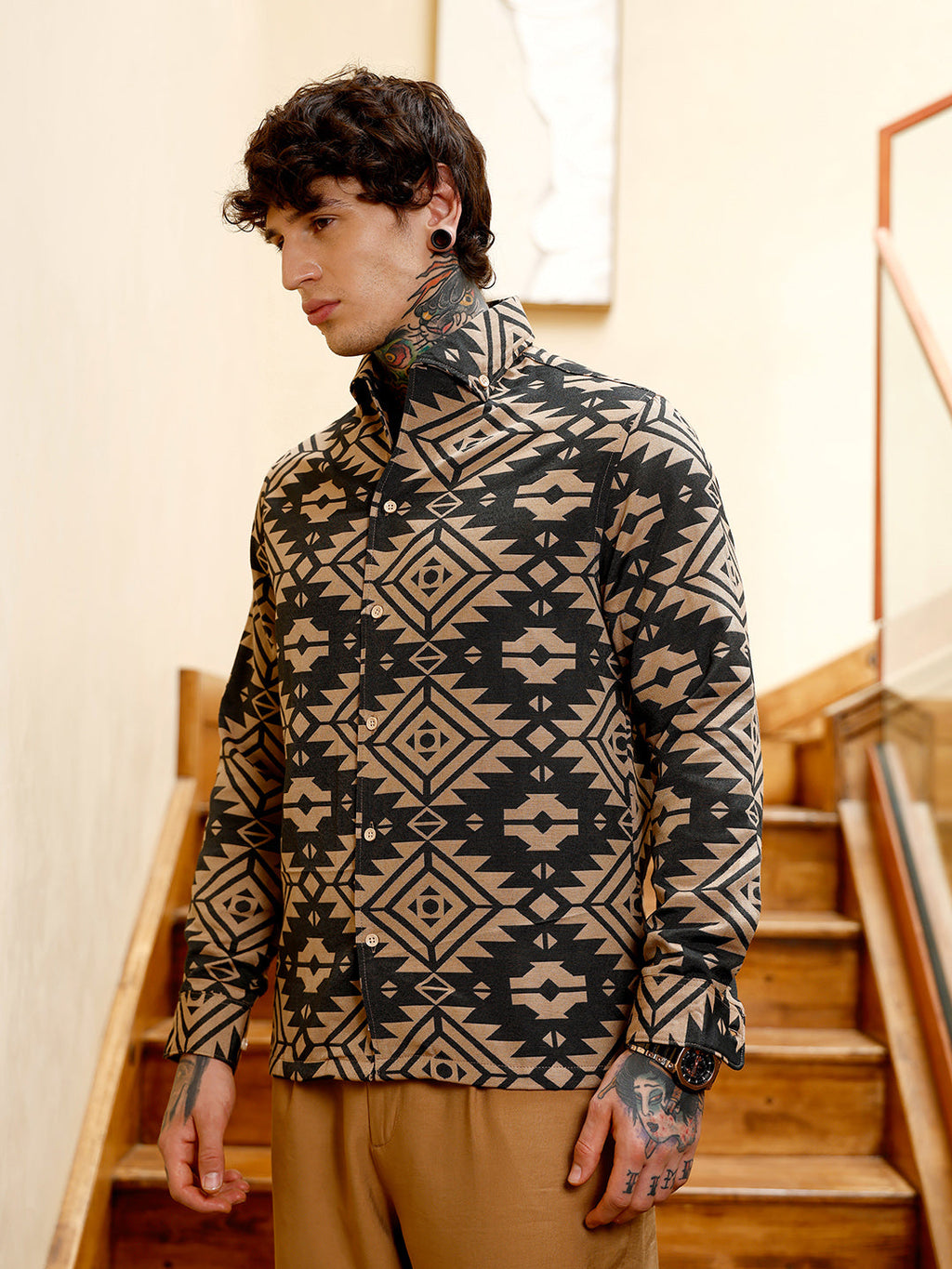Campus Sutra Contrast Aztec-Block Jacquard Shirt
