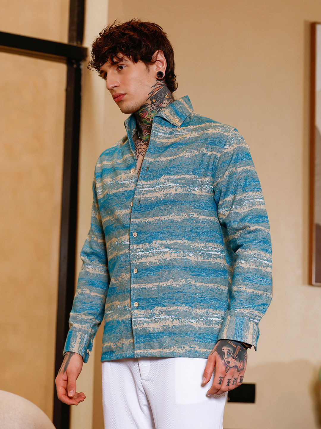 Campus Sutra Gradient-Strokes Jacquard Shirt
