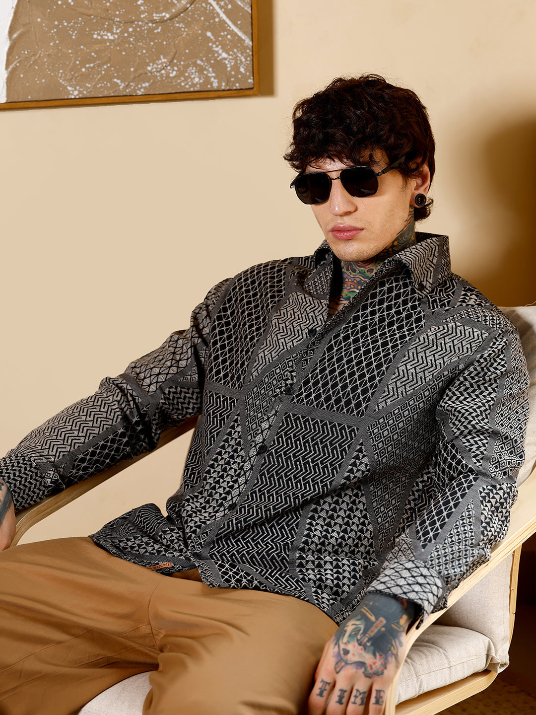 Campus Sutra Geometric-Blocks Jacquard Shirt