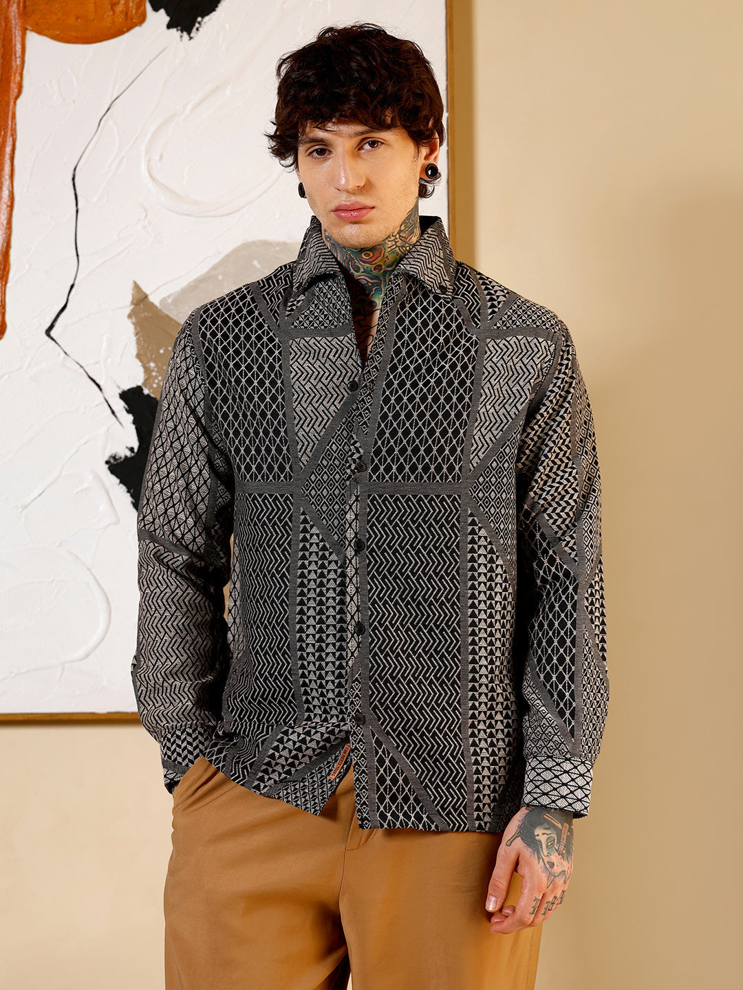 Campus Sutra Geometric-Blocks Jacquard Shirt