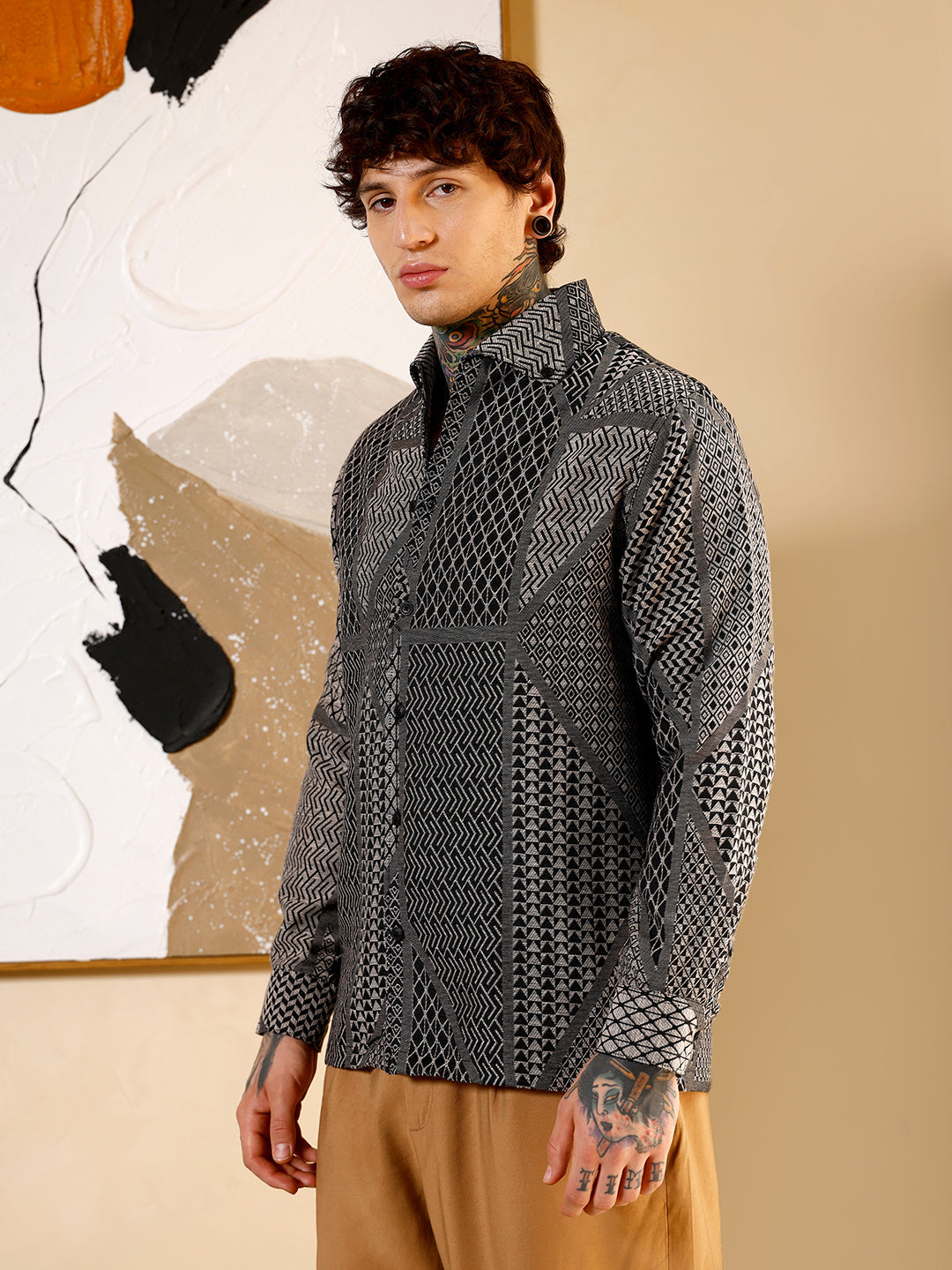 Campus Sutra Geometric-Blocks Jacquard Shirt