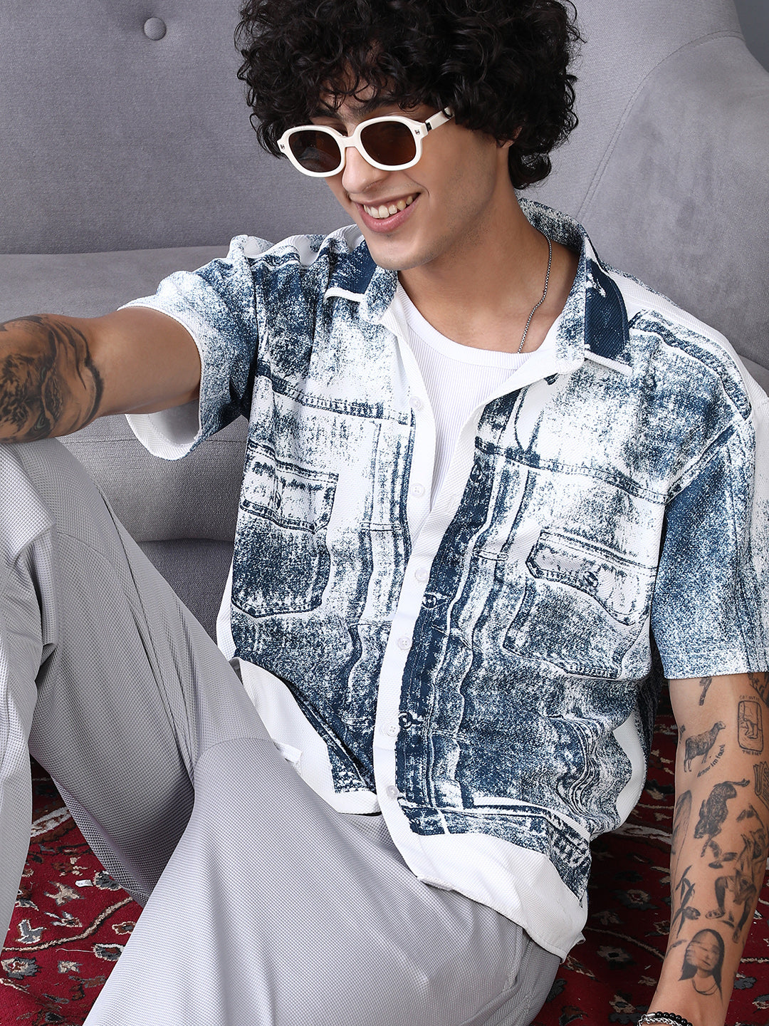 Campus Sutra Denim-Imprint Relaxed Shirt