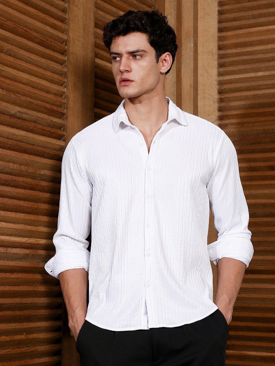 Campus Sutra Chalk White Solid Creased Shirt