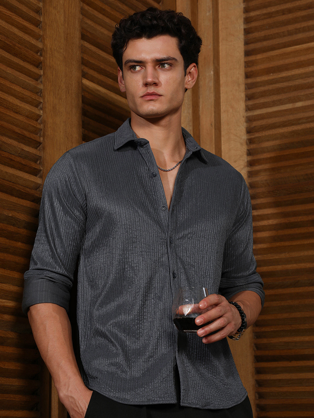 Campus Sutra Charcoal Grey Solid Creased Shirt