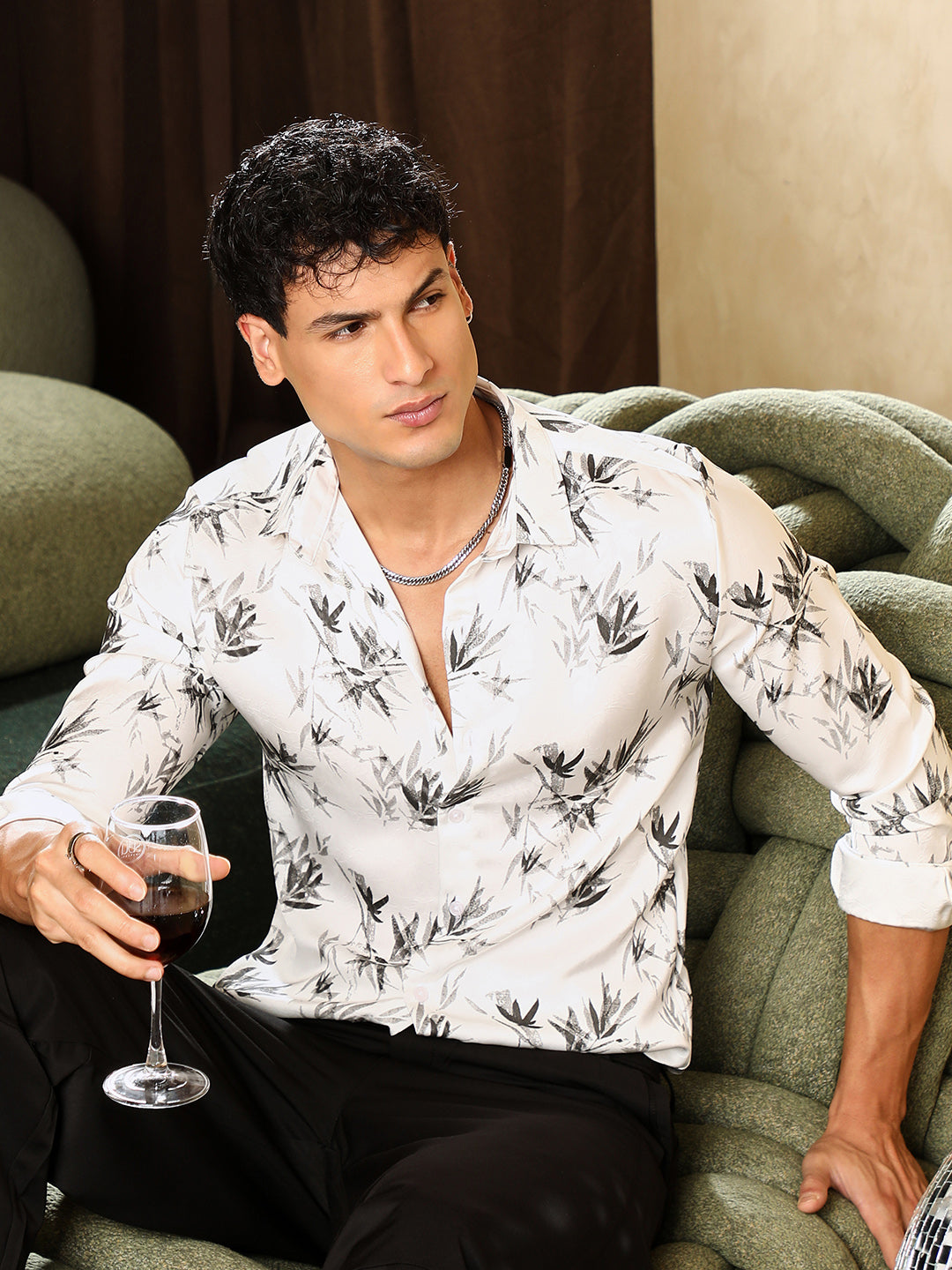 Campus Sutra Faded-Leaf Imprint Satin Shirt
