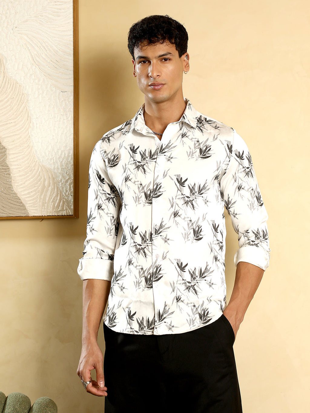 Campus Sutra Faded-Leaf Imprint Satin Shirt