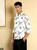 Campus Sutra Faded-Leaf Imprint Satin Shirt