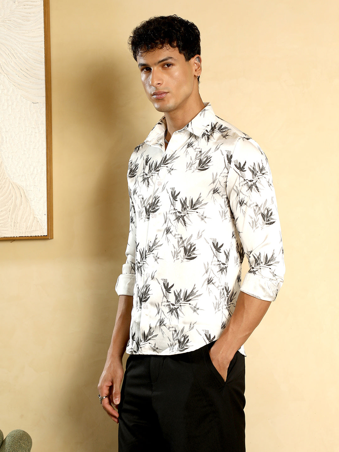 Campus Sutra Faded-Leaf Imprint Satin Shirt