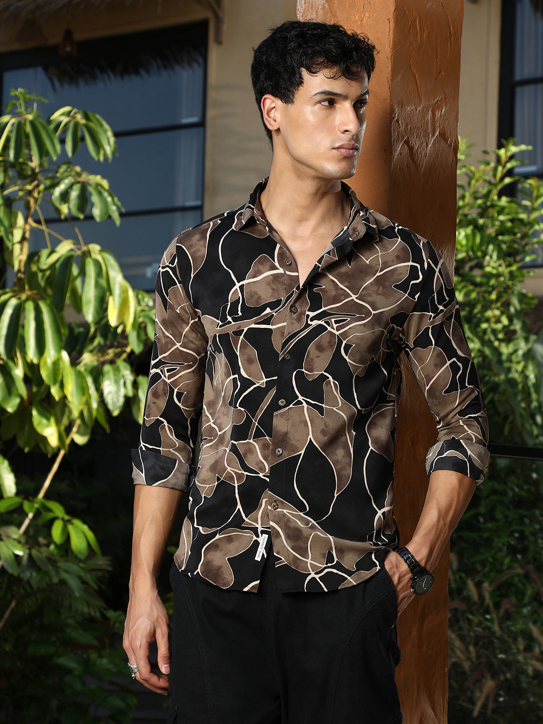 Campus Sutra Artistic-Foliage Lined Imrprint Shirt