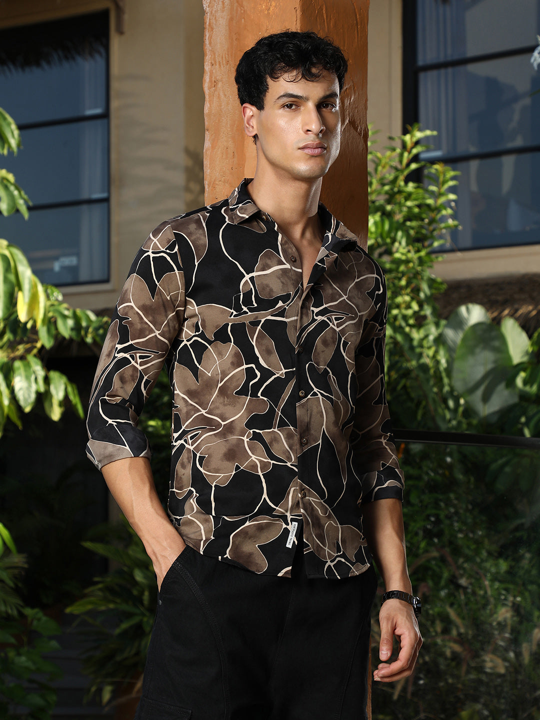 Campus Sutra Artistic-Foliage Lined Imrprint Shirt