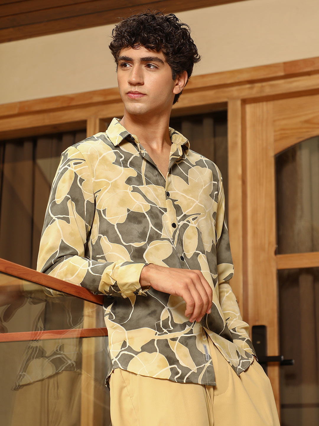 Campus Sutra Artistic-Foliage Lined Imrprint Shirt