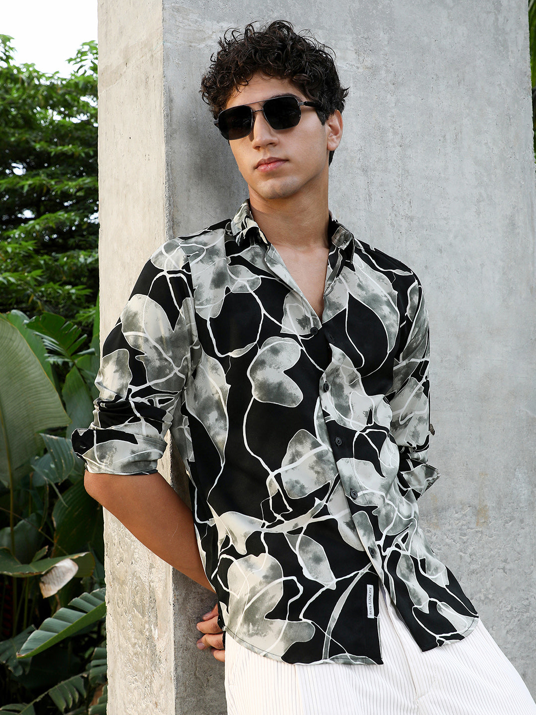 Campus Sutra Artistic-Foliage Lined Imrprint Shirt