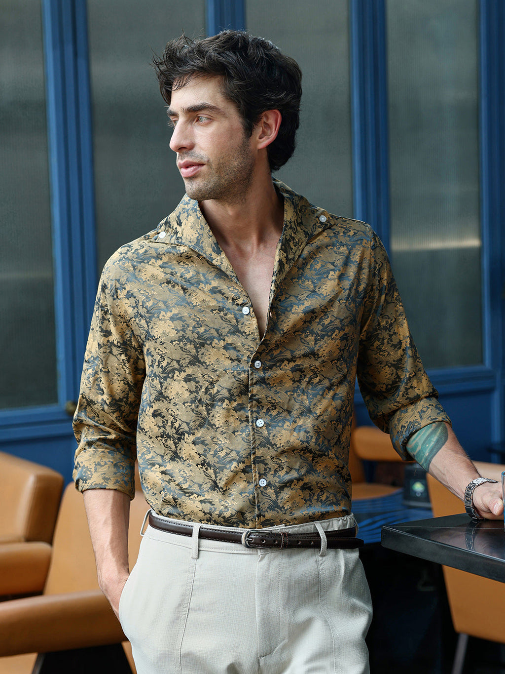 Campus Sutra Men's Mustard Abstract Jacquard Cuban Collar Shirt