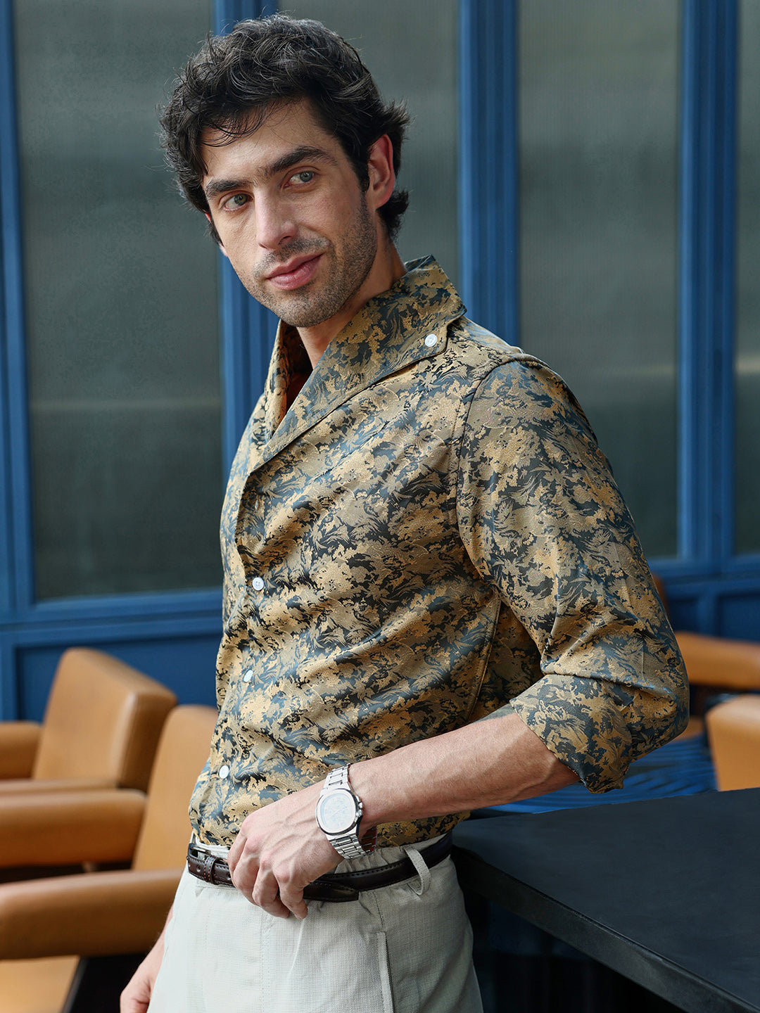 Campus Sutra Men's Mustard Abstract Jacquard Cuban Collar Shirt