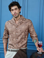 Campus Sutra Men's Regular Fit Brown Abstract Pattern Cuban Collar Shirt