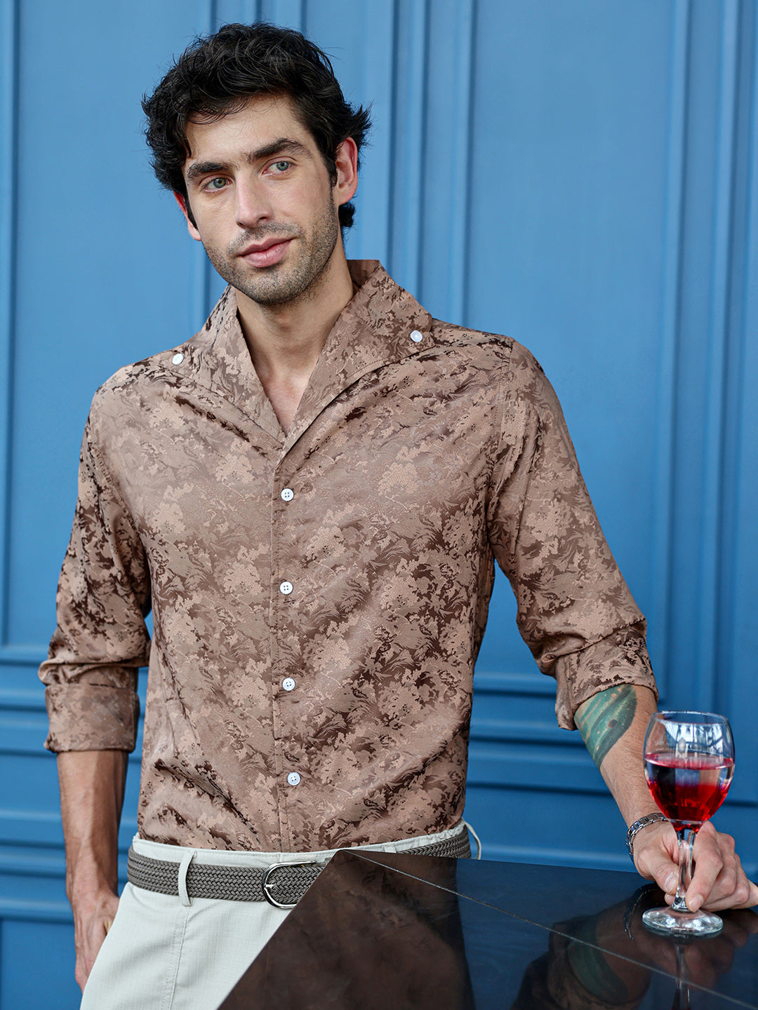 Campus Sutra Men's Regular Fit Brown Abstract Pattern Cuban Collar Shirt