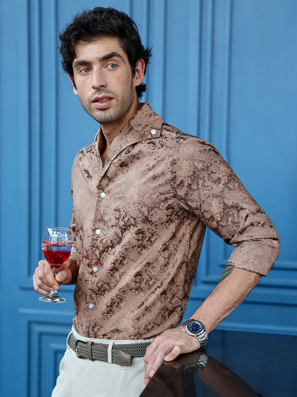 Campus Sutra Men's Regular Fit Brown Abstract Pattern Cuban Collar Shirt