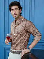 Campus Sutra Men's Regular Fit Brown Abstract Pattern Cuban Collar Shirt