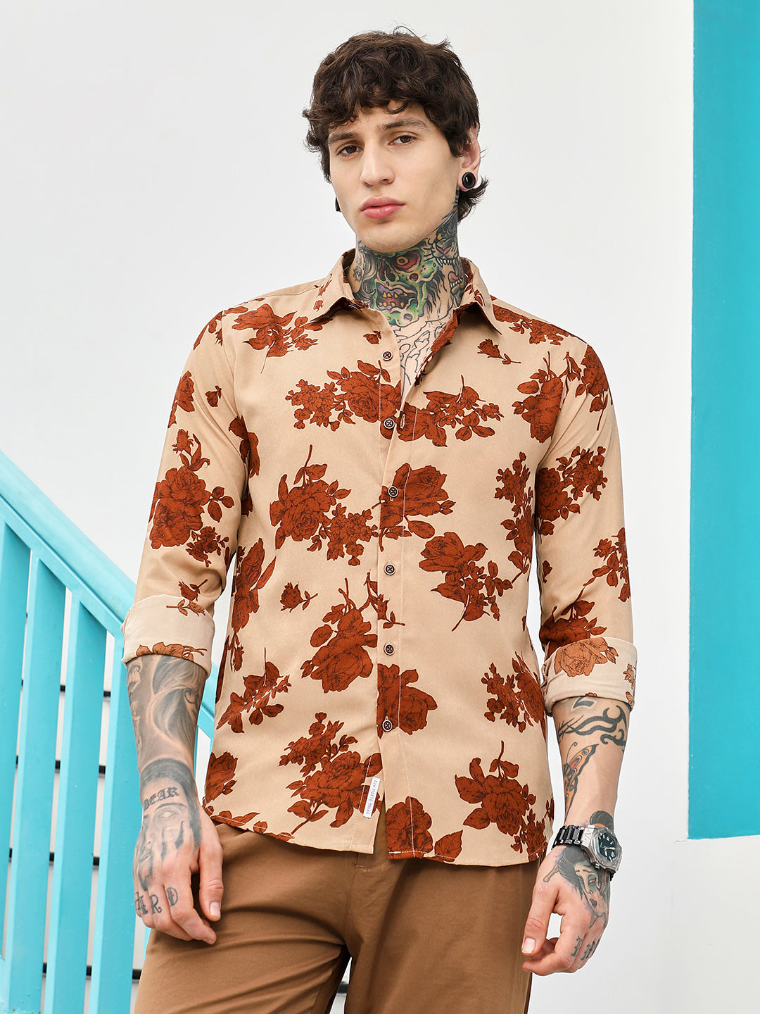 Campus Sutra Contrast-Roses Imprint Shirt