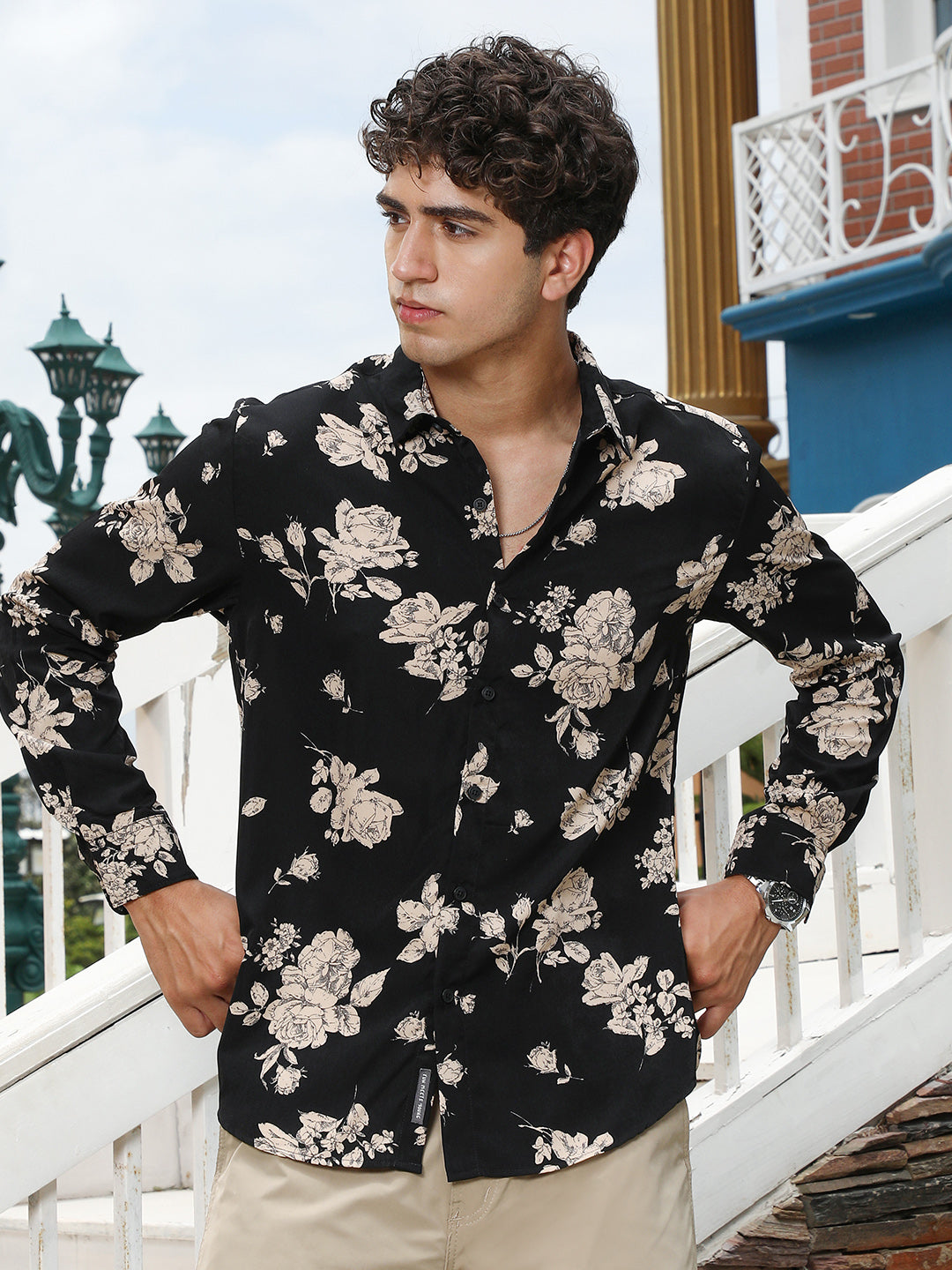 Campus Sutra Contrast-Roses Imprint Shirt
