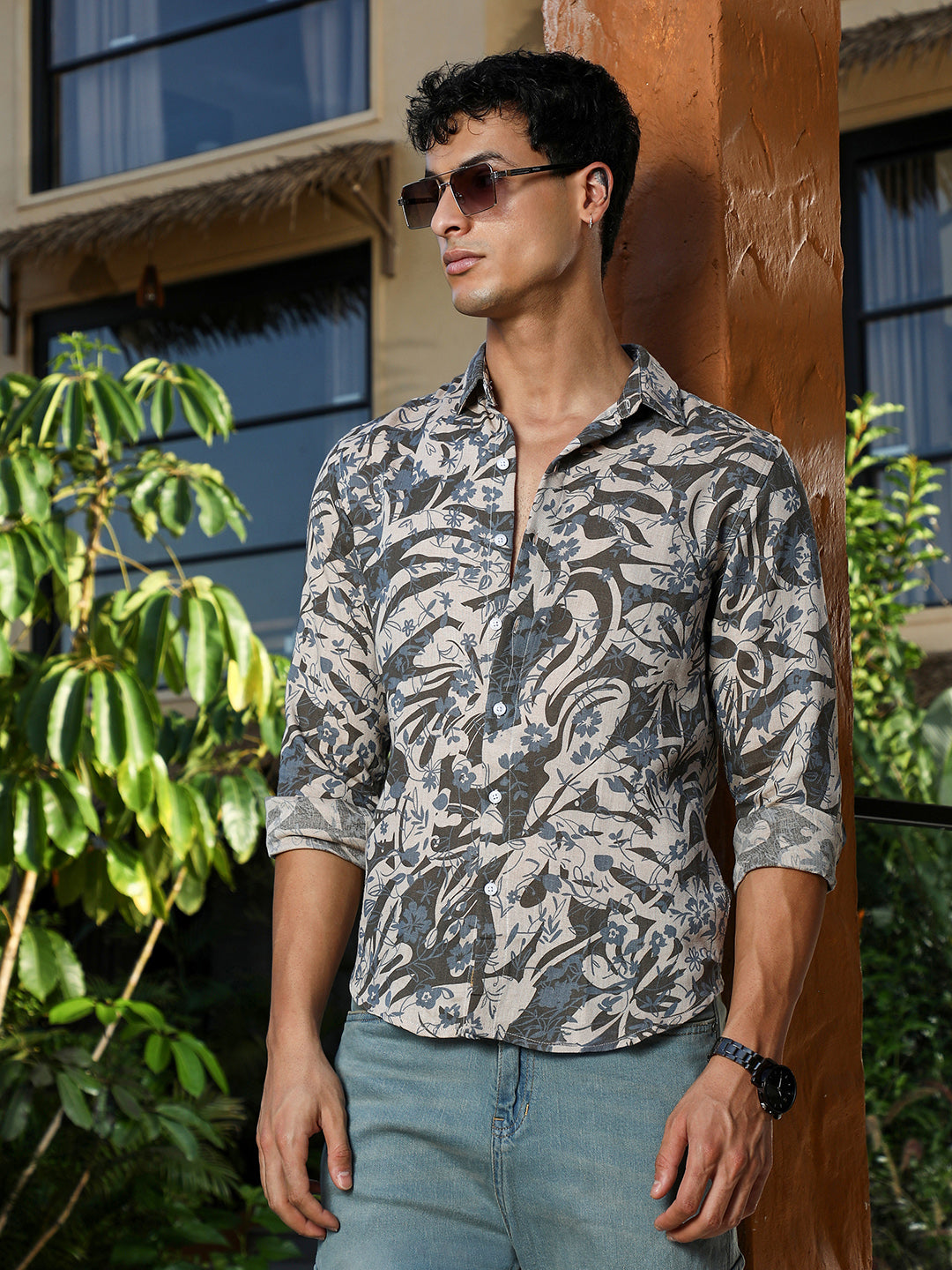 Campus Sutra Floral-Block Jacquard Shirt