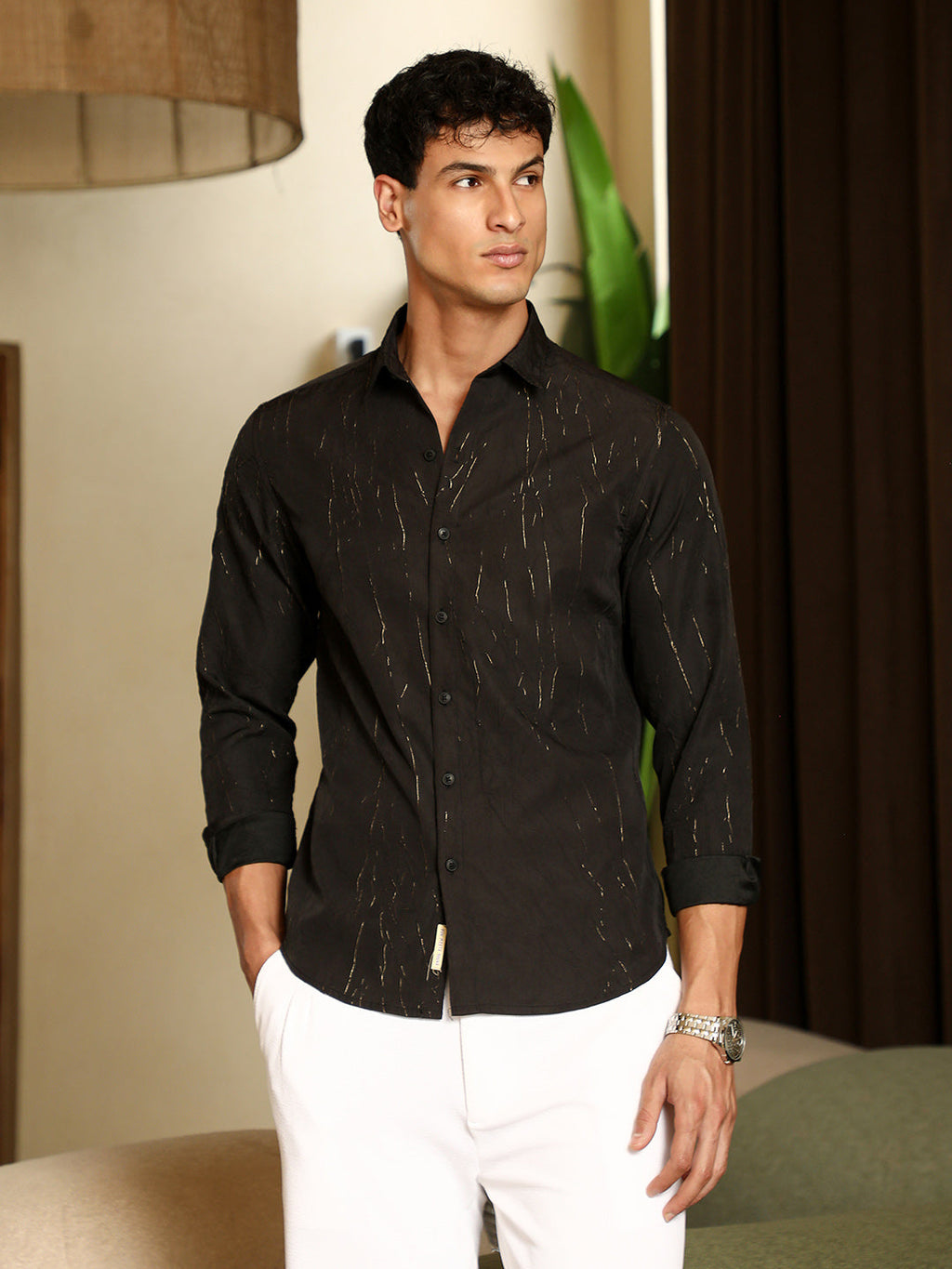Campus Sutra Metallic-Crushed Textured Shirt